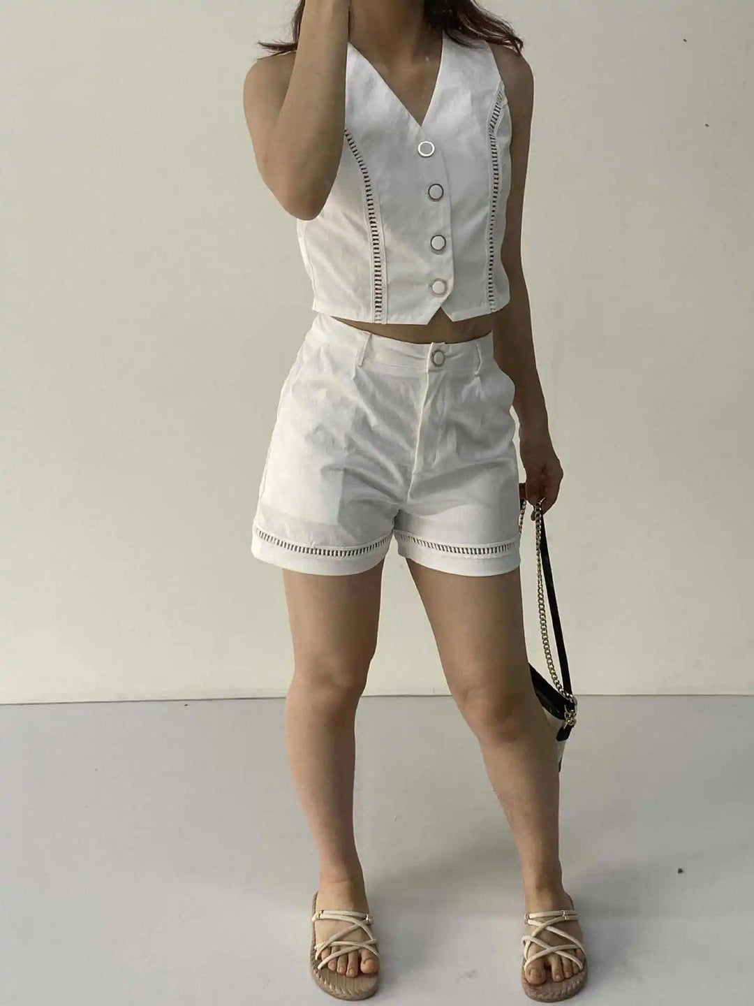 Two Piece Set Women Outfit 2024 Summer Elegance Sleeveless V-neck Button Design Short Top & Fashion Casual Shorts Set Streetwear-THAT FASHION STORE