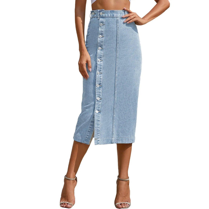 Women's Maxi Pencil Jean Skirt High Waisted A-Line Long Denim Skirts Ins Button Down Side Split Hem Stretch Blue Jean Skirt-THAT FASHION STORE