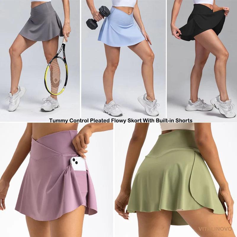 VITALINOVO Women's High Waisted Crossover Tennis Skirts Tummy Control Pleated Golf Skorts Skirts for Women with Shorts Pockets-THAT FASHION STORE