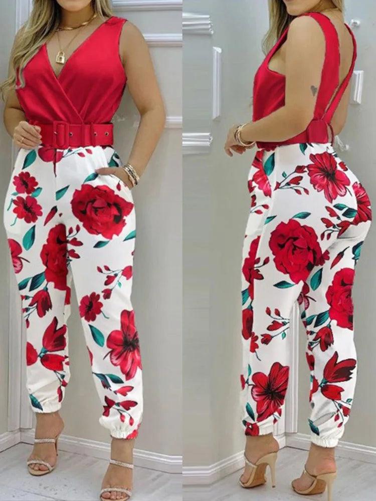 Women Fashion Floral Print Sleeveless Jumpsuits 2024 Summer V Neck Wide Leg Long Pants Rompers Boho Backless With Belts Jumpsuit-THAT FASHION STORE