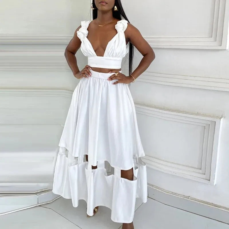 Chic Solid Color V-Neck Strap Top and Ankle-Length Skirt Set for Women - Stylish Hollow Pleated Summer Outfit - THAT FASHION STORE