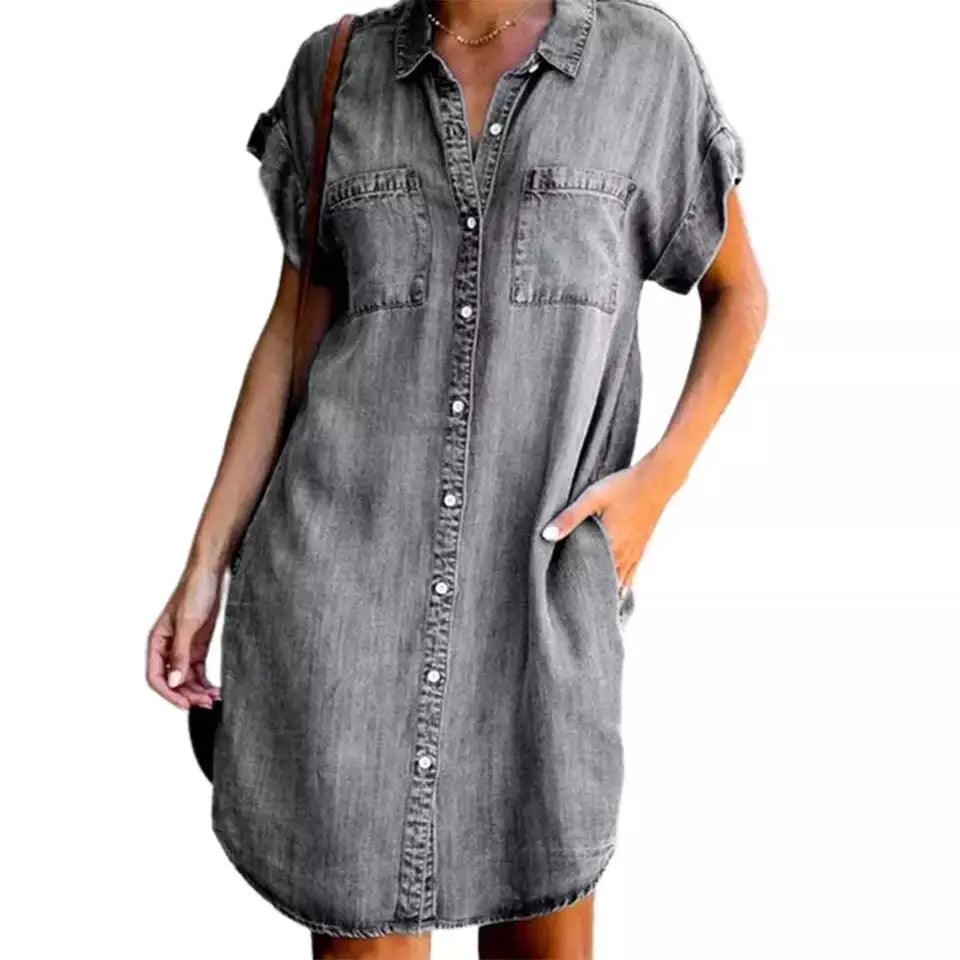 Summer New Single Breasted Denim Shirt Dress Women's Casual Loose Pocket Simple Retro Commuter Female Office Denim Short Skirt-THAT FASHION STORE