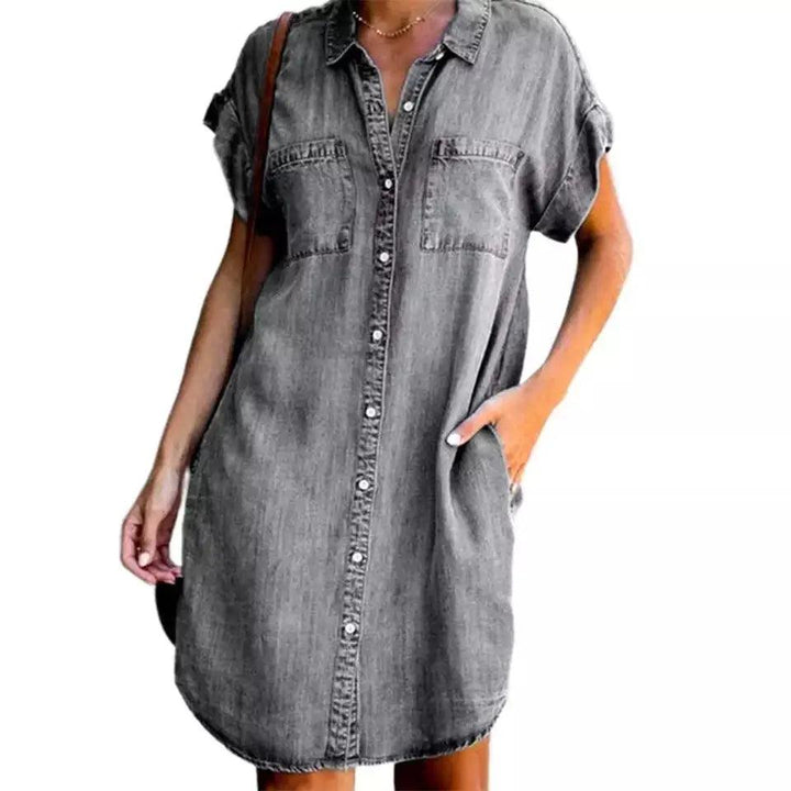 Summer New Single Breasted Denim Shirt Dress Women's Casual Loose Pocket Simple Retro Commuter Female Office Denim Short Skirt-THAT FASHION STORE