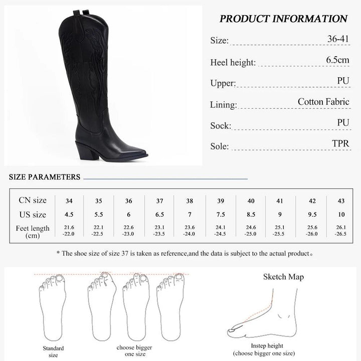 GMQM New Fashion Women 's Embroidered Western CowBoy Shoes Knee High Boots PU Chunky Heel Platform Boots Pointed Toe Punk Style-THAT FASHION STORE