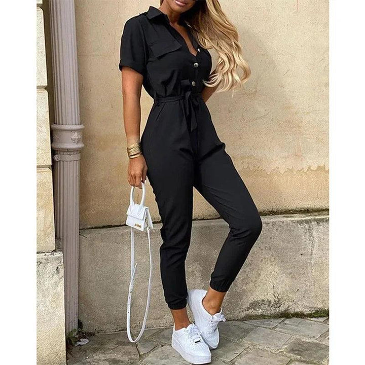 Women's Monochromatic Belt Workwear Jumpsuit, Casual Pants, Flip Collar, Buckle, European and American, Summer, 2023-THAT FASHION STORE