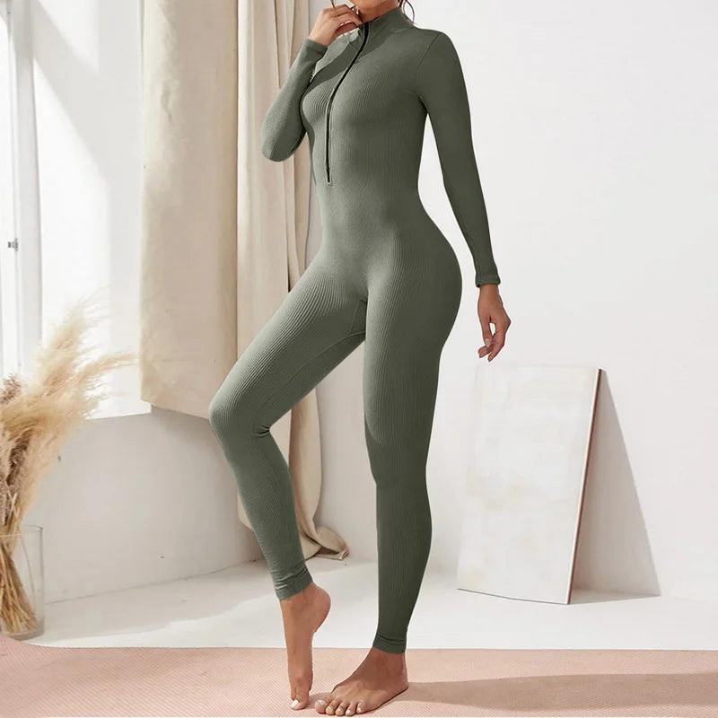 2023 Women Sports Bodysuit Long Zip Elastic One Piece Yoga Thread Dance Sexy Ladies Push Up Training Jogging Activewear-THAT FASHION STORE