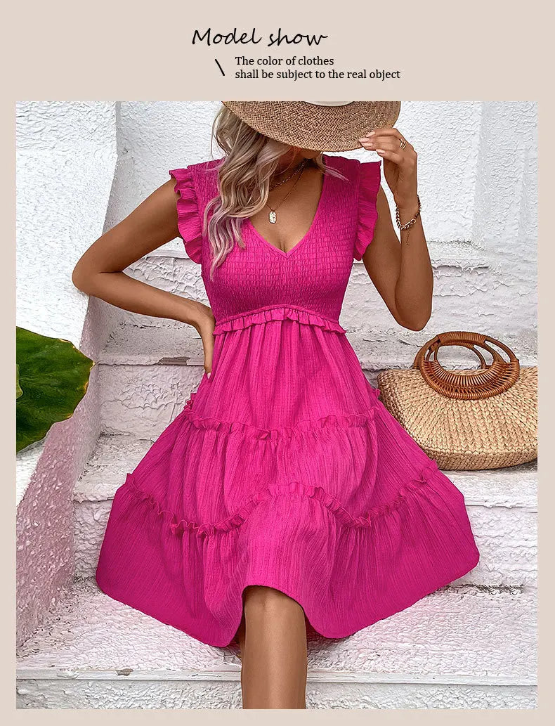 Summer Midi Dresses For Women Casual Red Ruffle Big Hem Holiday Beach Dress Fashion Sleevelee V Neck New In Dresses 2024 - THAT FASHION STORE