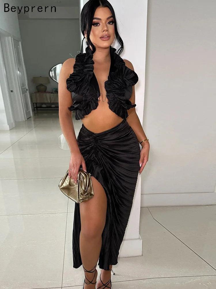 Beyprern Beautiful Pleated Cropped Top + High Slit Resort Skirt Set Summer Ruffles Glamour Skirt Set Night Club Outfits Clubwear-THAT FASHION STORE