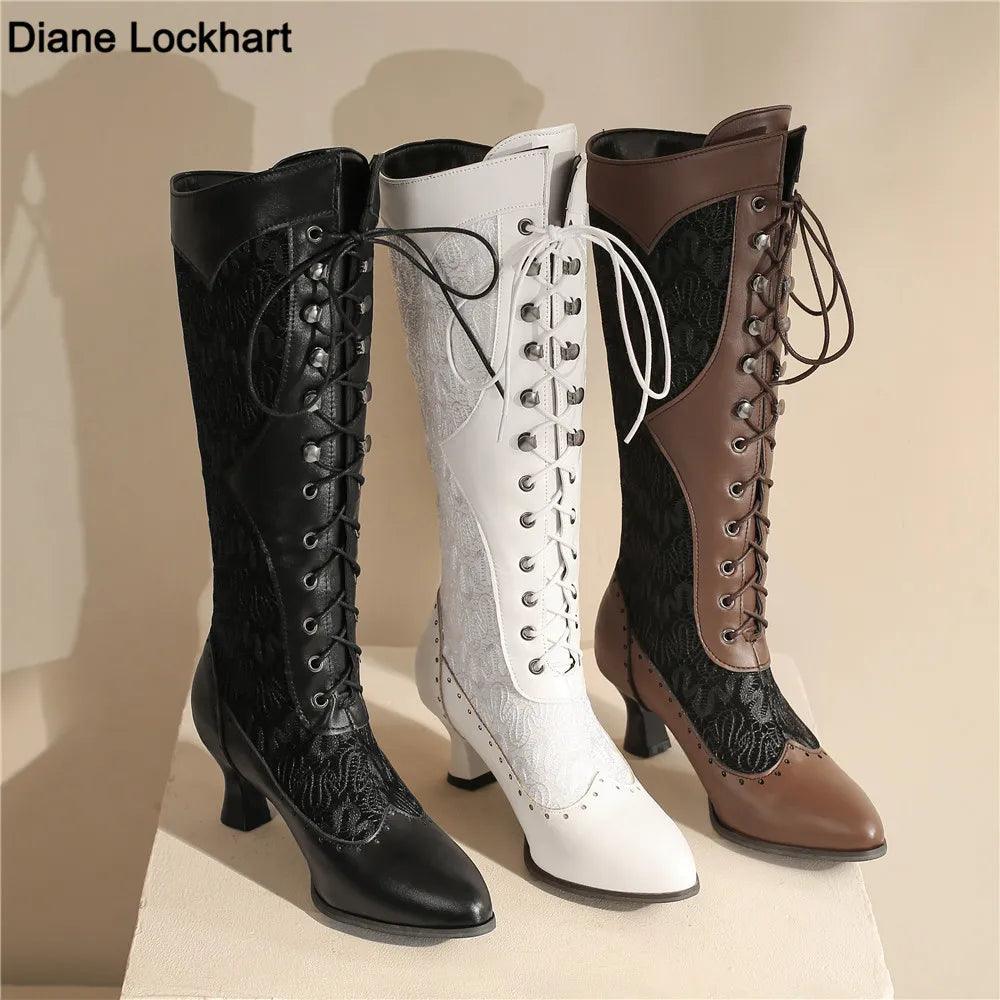 Women Victorian Pointed Toe Mid-Calf Boots Leather Lace Hollow Out Punk Lace Up Strange Steampunk High Heel Shoes Plus Size32-43-THAT FASHION STORE