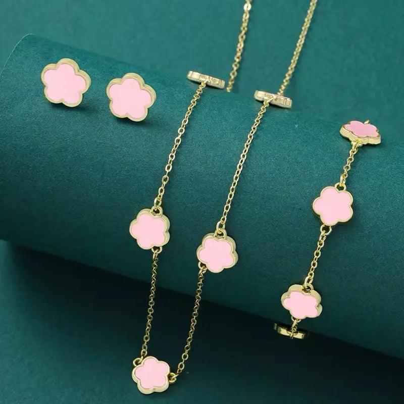 Lucky Five-petal Flower Five-leaf Clover Bracelet Earrings Necklace Three-piece set for woman Stylish Accessories Party Jewelry-THAT FASHION STORE