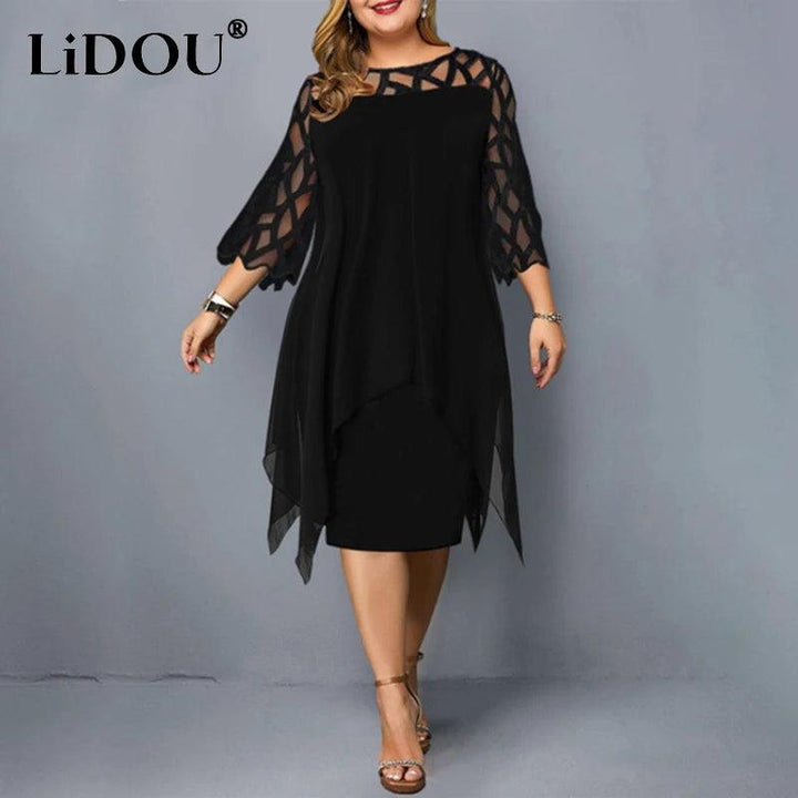 New Elegant Lace Mesh Plus Size Dresses Women Sexy Hollow Out Oversize Dress Loose Casual Vestidos De Fiesta Midi Robes Femme-THAT FASHION STORE