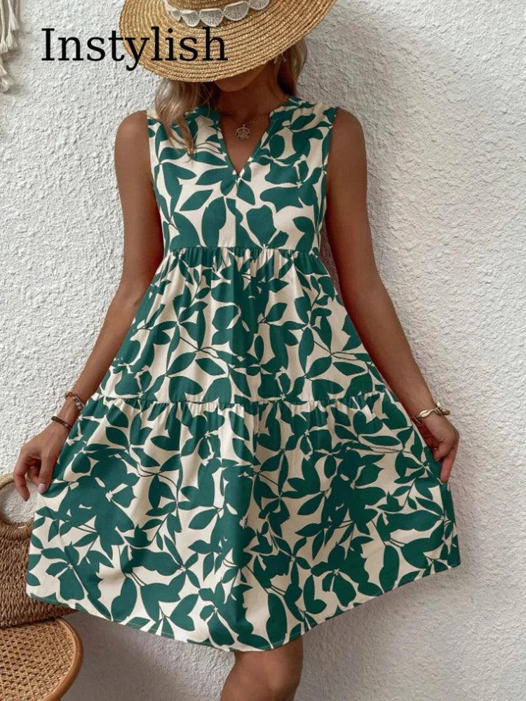 Women Boho Print Mini Dress Summer Elegant Sleeveless V Neck Ruffle A Line Tank Dress Casual Loose Oversize Beach Party Sundress-THAT FASHION STORE