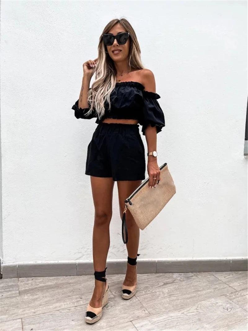 Women Casual Short Sleeve Outfit 2023 Summer Fashion One-Word Collar Lantern Sleeve Pocket Suit Female Top Shorts Two Pieces Set-THAT FASHION STORE