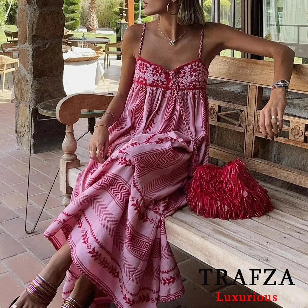 TRAFZA Vintage Embroidery Boho Long Dress Women Bow Tie Ruffles Luxurious Cotton Dress Fashion 2024 Summer Knit Patchwork Dress-THAT FASHION STORE