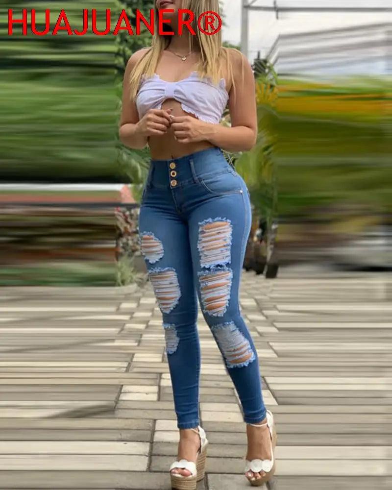 Autumn Women High Waist Buttoned Ripped Jeans 2023 Femme Plain Zipper Deco Cut Out Skinny Denim Pants Lady Sexy Trousers traf-THAT FASHION STORE