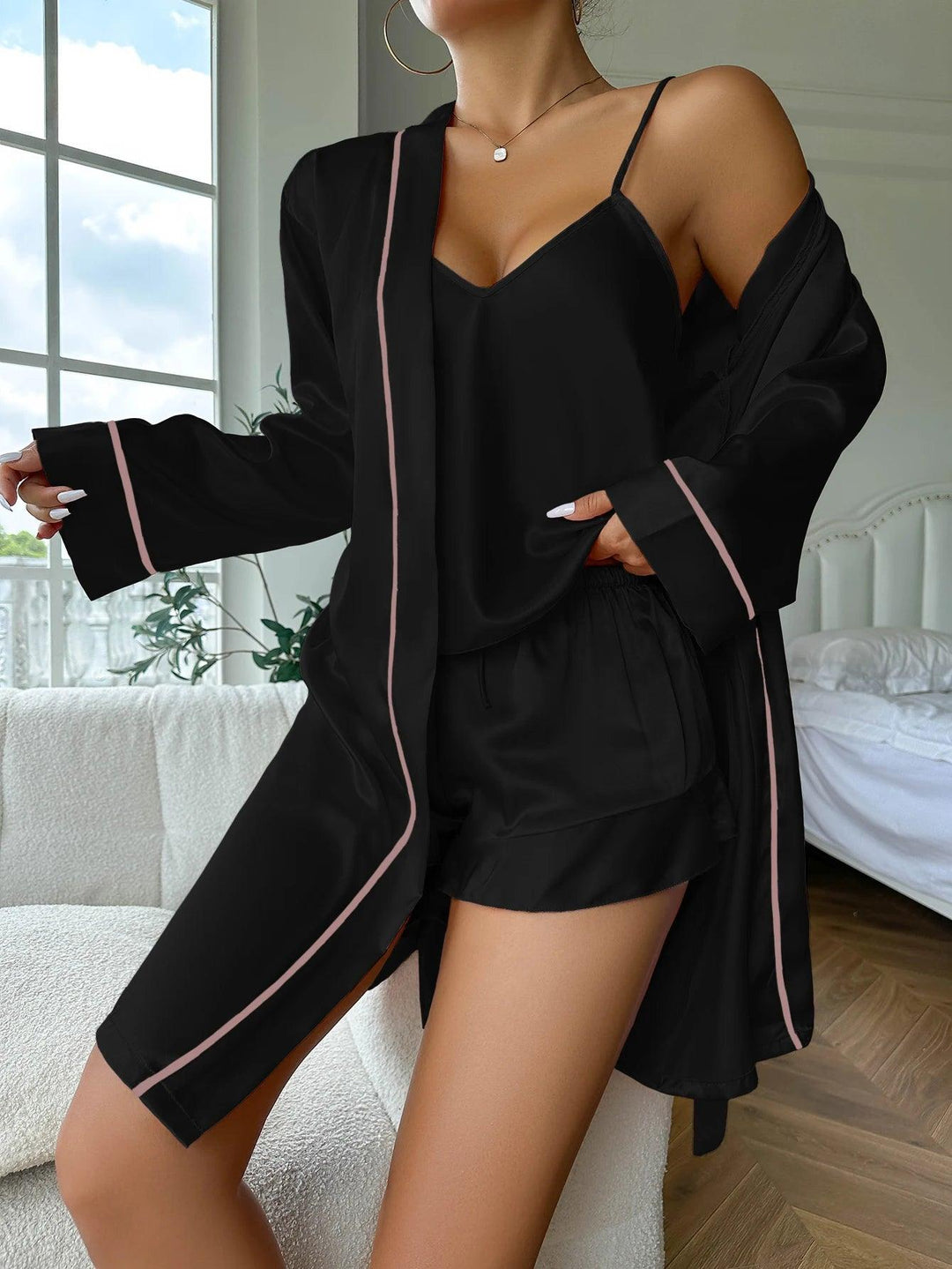 Simple Satin Pajama Set Long Sleeve Belted Robe V Neck Cami Top And Shorts Women's Sleepwear-THAT FASHION STORE