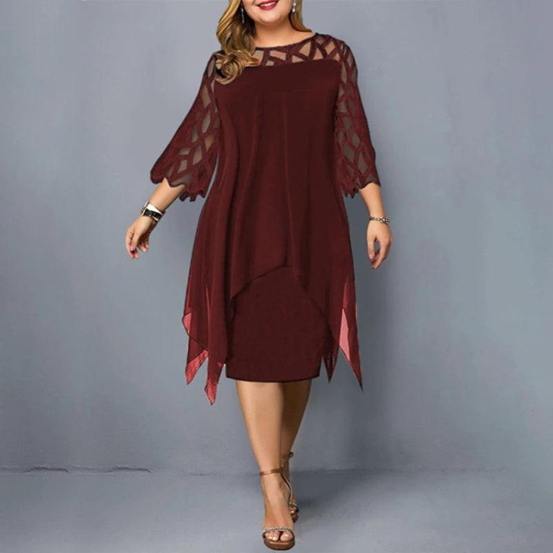 New Elegant Lace Mesh Plus Size Dresses Women Sexy Hollow Out Oversize Dress Loose Casual Vestidos De Fiesta Midi Robes Femme-THAT FASHION STORE