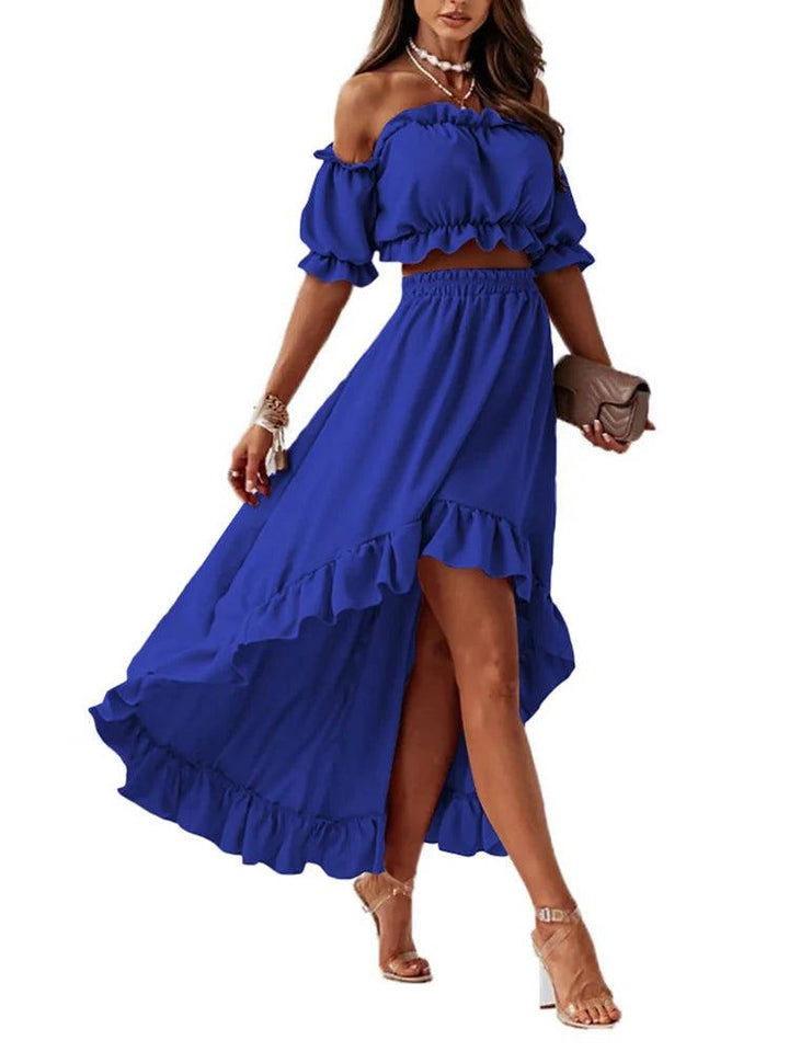 Sexy Off Shoulder Two Piece Set Women Summer Ruffle Backless Outfits Puff Sleeve Strapless Beach Party Skirts 2 Piece Sets Robe-THAT FASHION STORE