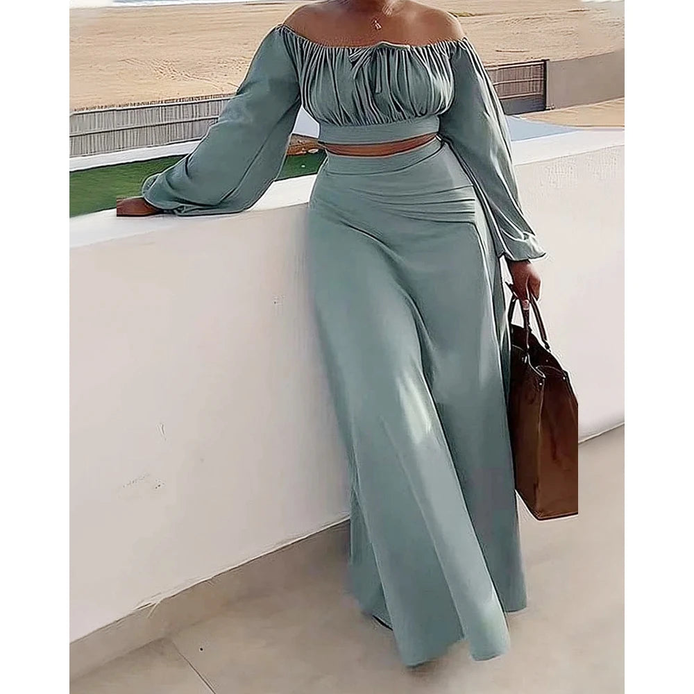 Women's Casual Two-Piece Off Shoulder Top and Half Skirt Set - 2023 Solid Color Leisurewear - THAT FASHION STORE