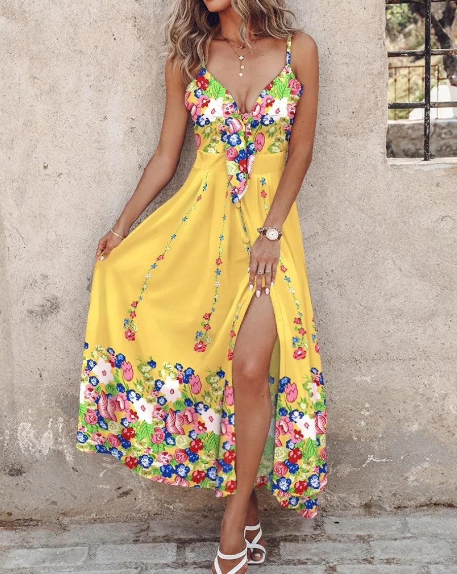 Summer Fashion Boho Floral Long Dress For Women 2024 Beach Style Sexy V Neck Spaghetti Strap Split Dresses Casual Holiday Dress-THAT FASHION STORE