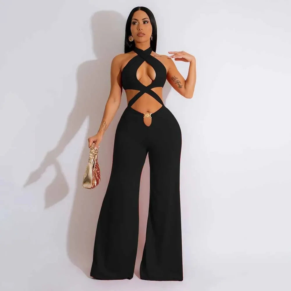 Jumpsuit Women 2024 Summer Fashion Solid Color Halter Cutout Waist Casual High Waist Sleeveless Daily Wide Leg Long Jumpsuit - THAT FASHION STORE