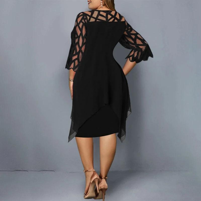 New Elegant Lace Mesh Plus Size Dresses Women Sexy Hollow Out Oversize Dress Loose Casual Vestidos De Fiesta Midi Robes Femme-THAT FASHION STORE