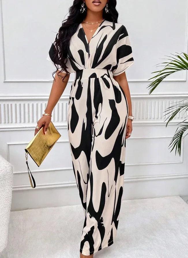 One Piece Women Print V Neck Half Sleeve Loose Wide Leg Long Pants Overalls Casual Splice Romper Tight High Waist Jumpsuits-THAT FASHION STORE