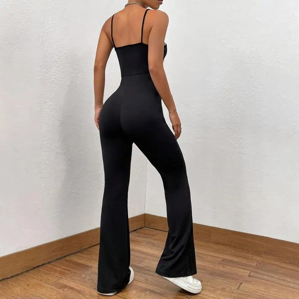 Hip Lift Jumpsuit Elegant Backless Sleeveless Jumpsuit with Square Neck Flared Hem Women's Summer Sporty Chic Outfit for A-THAT FASHION STORE