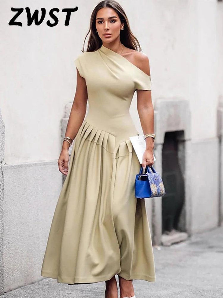 Elegant Off Shoulder Dress For Women Summer Short Sleeve Fold Long Dresses Female 2024 Fashion Solid Holiday Lady Vestidos-THAT FASHION STORE