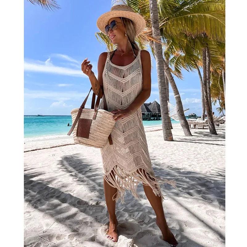 2024 White Crochet Tunic Bikini Cover-ups Sexy Hollow Out Dress Women Summer Clothes See Through Beach Wear Tassel Cover Up-THAT FASHION STORE