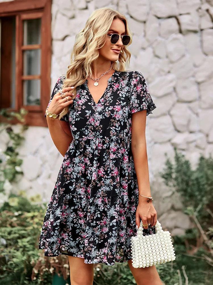 2023 Floral Mini Dress Women Summer V Neck Short Sleeve Loose Chic Printed Dresses Female Elegant Fashion Casual Short Dress-THAT FASHION STORE