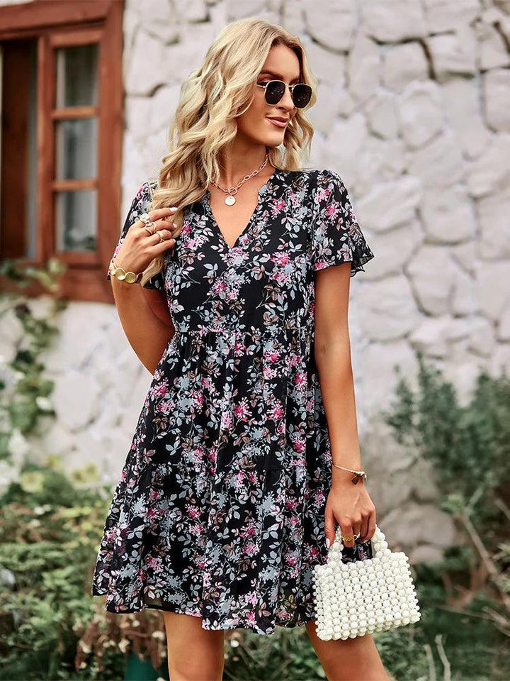 2023 Floral Mini Dress Women Summer V Neck Short Sleeve Loose Chic Printed Dresses Female Elegant Fashion Casual Short Dress-THAT FASHION STORE