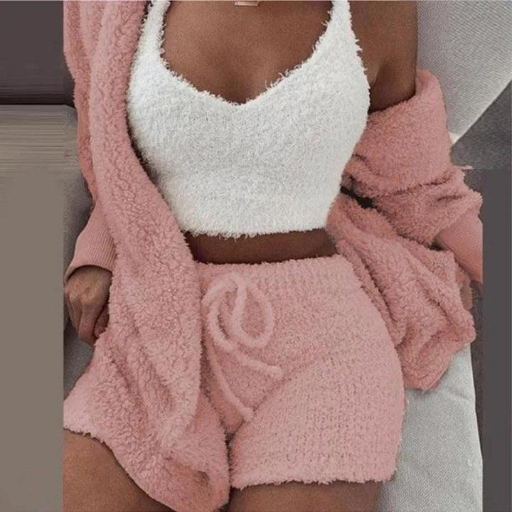 Fluffy Pajamas Set for Women Casual Sleepwear Tank Top and Shorts Plus Size Hoodie Leisure Homsuit Winter 3 Pieces Pijamas-THAT FASHION STORE