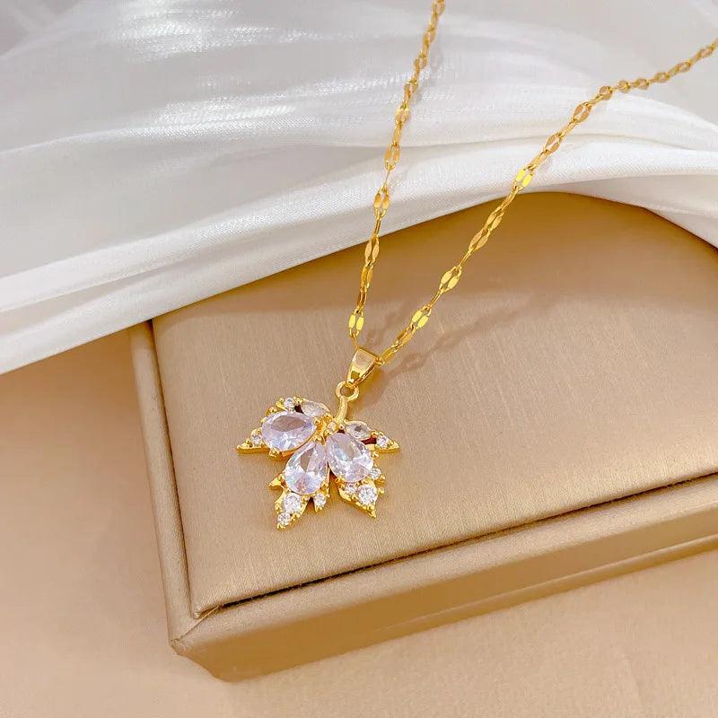 Fashion Micro-inlaid Necklace Earring Set Light Luxury Maple Leaf Personality Temperament Banquet Earrings Clavicle Chain-THAT FASHION STORE