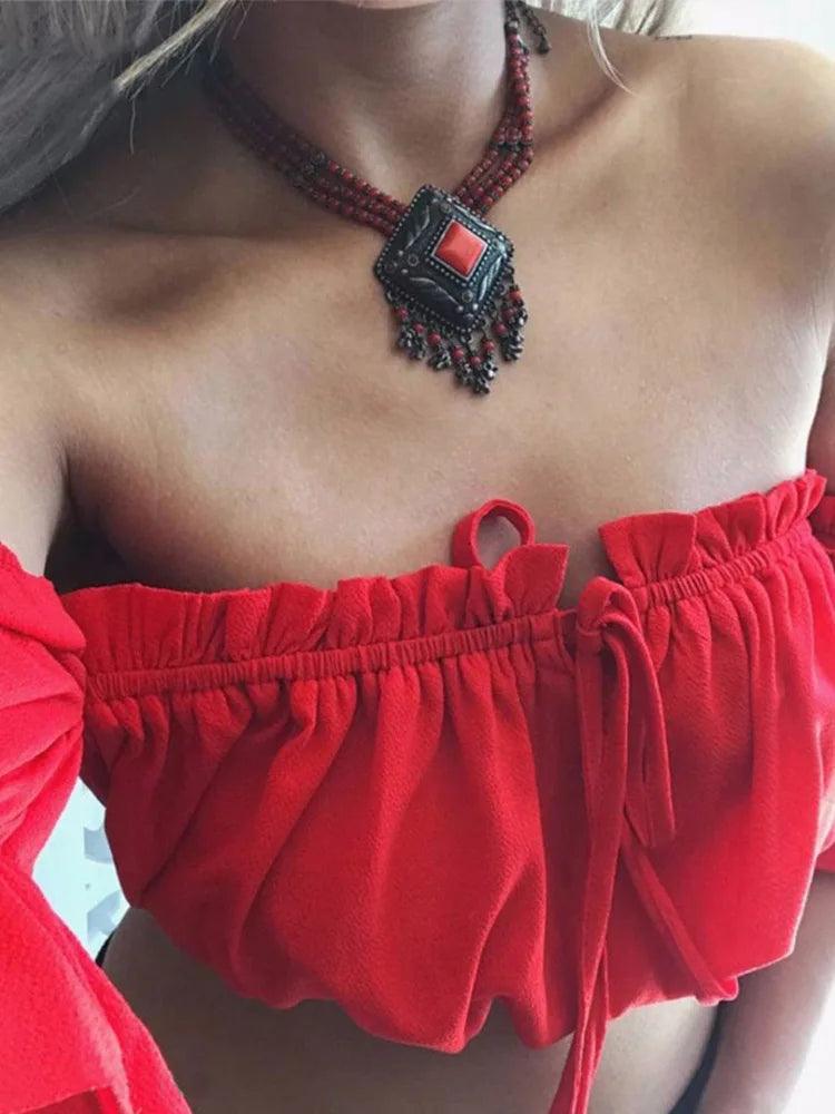 Crop tops women 2022 summer lantern sleeve sexy strapless beach tops red black white ruched crop top croptop-THAT FASHION STORE