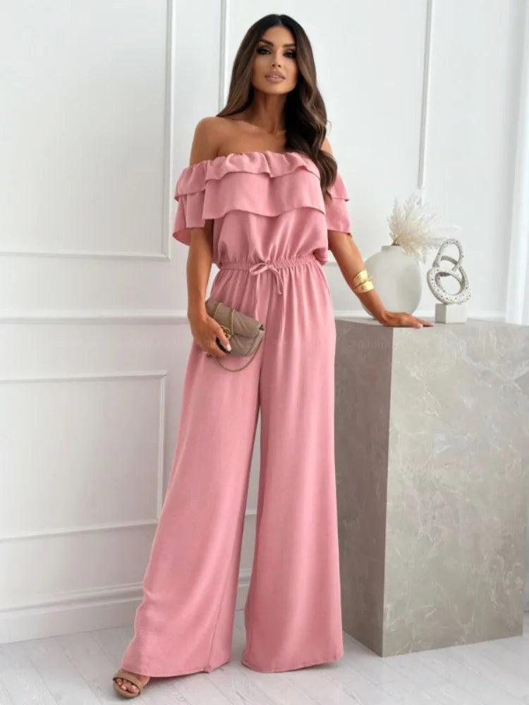 New Fashion Women's Solid Color Jumpsuit Ladies Casual off-the-Neck Short Sleeve Waist-Controlled Jumpsuit-THAT FASHION STORE