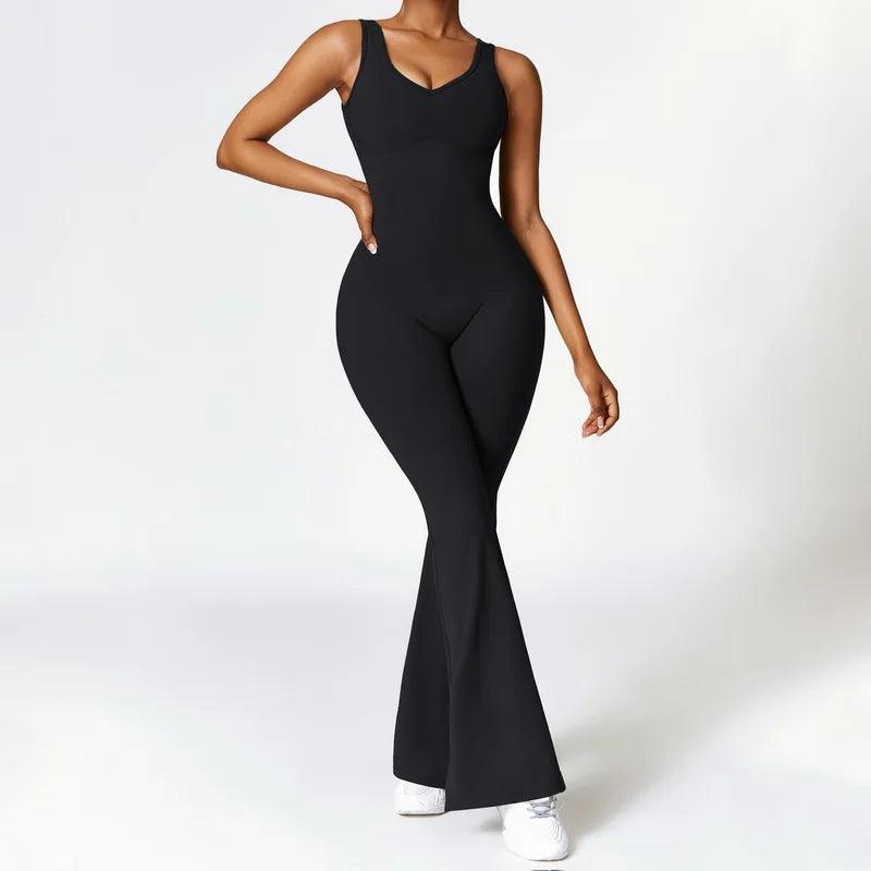 Casual Dancing Pants Streetwear Fashion Women Hollow Back Yoga Long Jumpsuit Round Neck Sleeveless Solid Color Training Outfit-THAT FASHION STORE