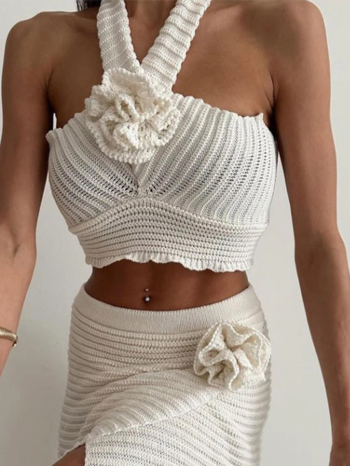 Crochet Floral Halter Top and Split Skirt Set for Women - Backless Summer Beach Outfit - THAT FASHION STORE