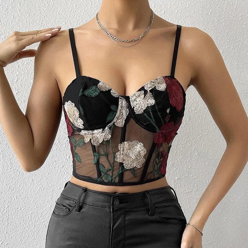 Women Mesh Hollow Out Sexy Crop Tops Flower Embroidery Sweet Tank Top Spaghetti Camis Streetwear Tube Top Spring Summer-THAT FASHION STORE