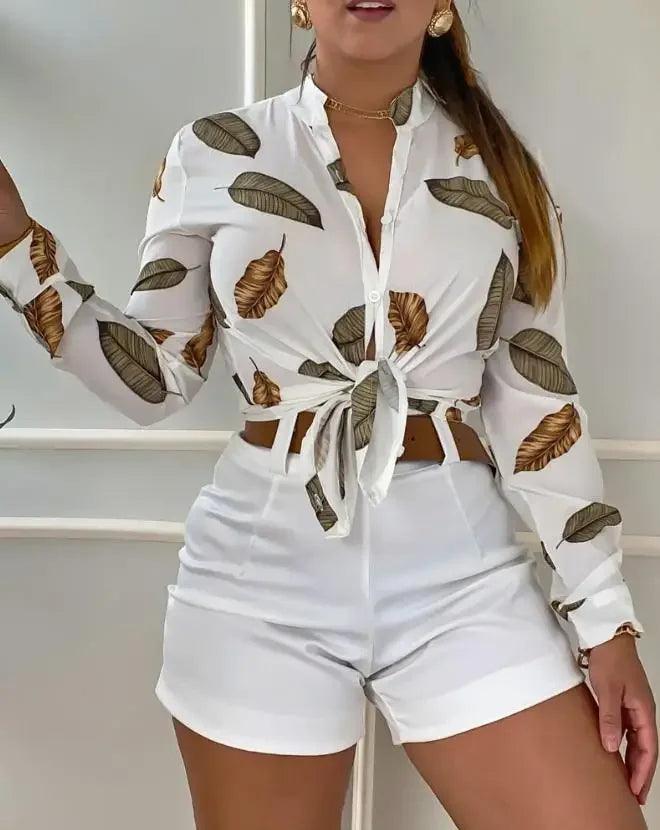 Womens Two Piece Sets Outfit Leaf Print Button Down Shirt & Shorts Set New Fashion 2023 Summer Casua Female Clothing Outfits-THAT FASHION STORE