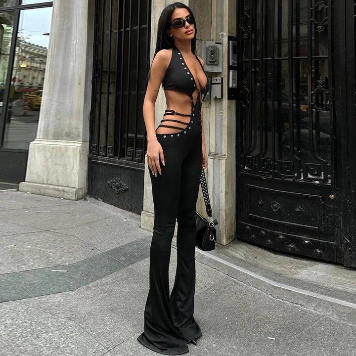 Sexy Halter Lace Up Backless Hollow Out Jumpsuits Women Eyelets Bandage Flare Pants One Piece Rompers 2024 Summer Grunge Clothes-THAT FASHION STORE