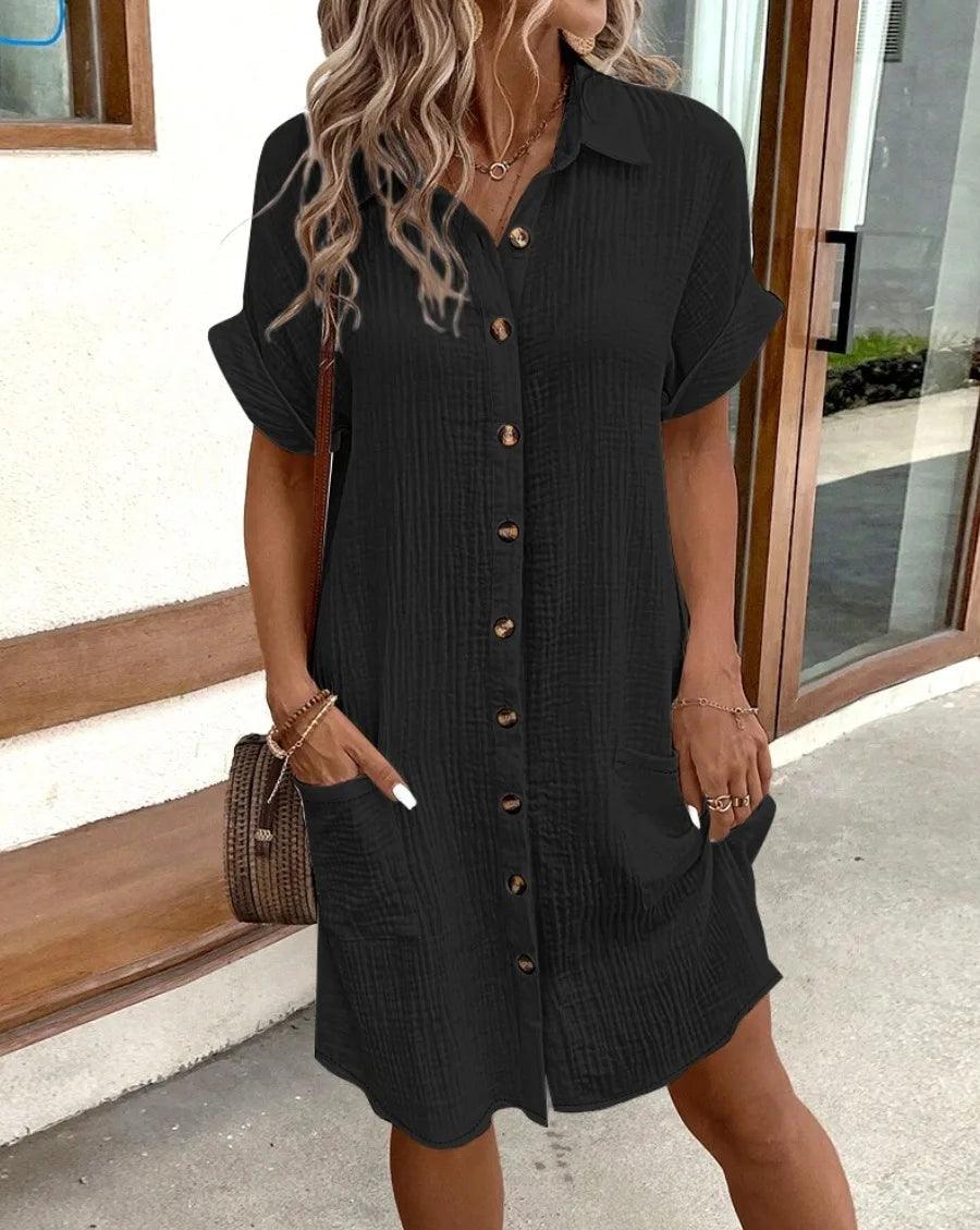 Summer Solid Simple Short Sleeve Shirt Dress Women's Turn-down Collar Single Breasted Casual Elegant Ladies Loose Dresses-THAT FASHION STORE