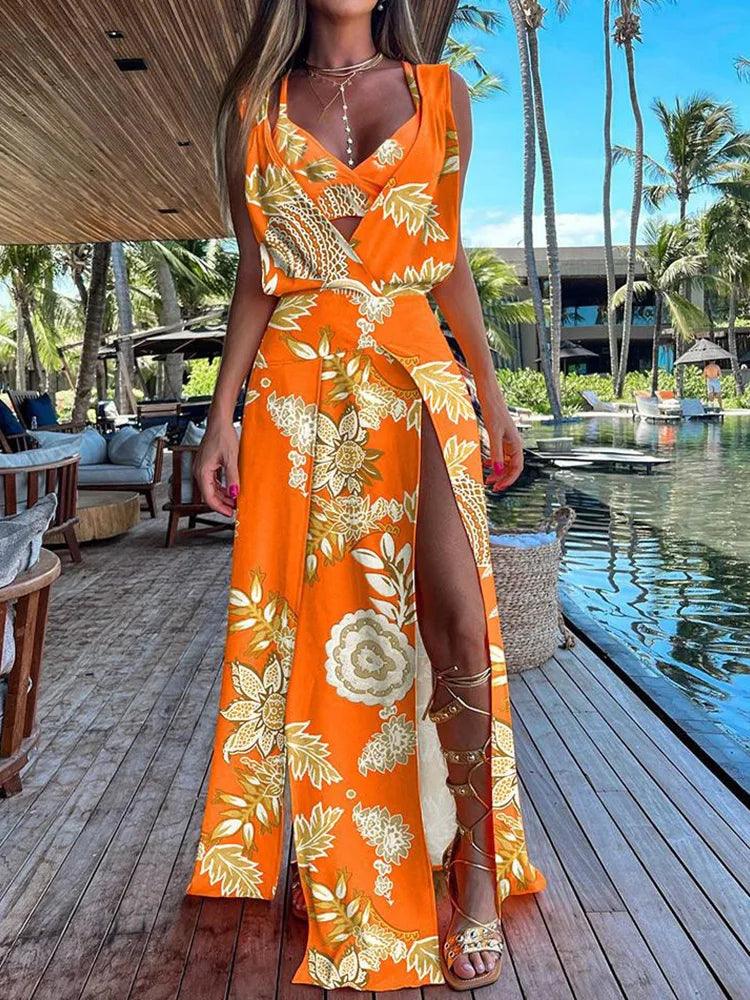 Sexy Vest And Maxi Dress Women Outfits Summer Women Beach Loose Two Piece Set Lady Patchwork Short Tops And Skirt Matching Suit-THAT FASHION STORE