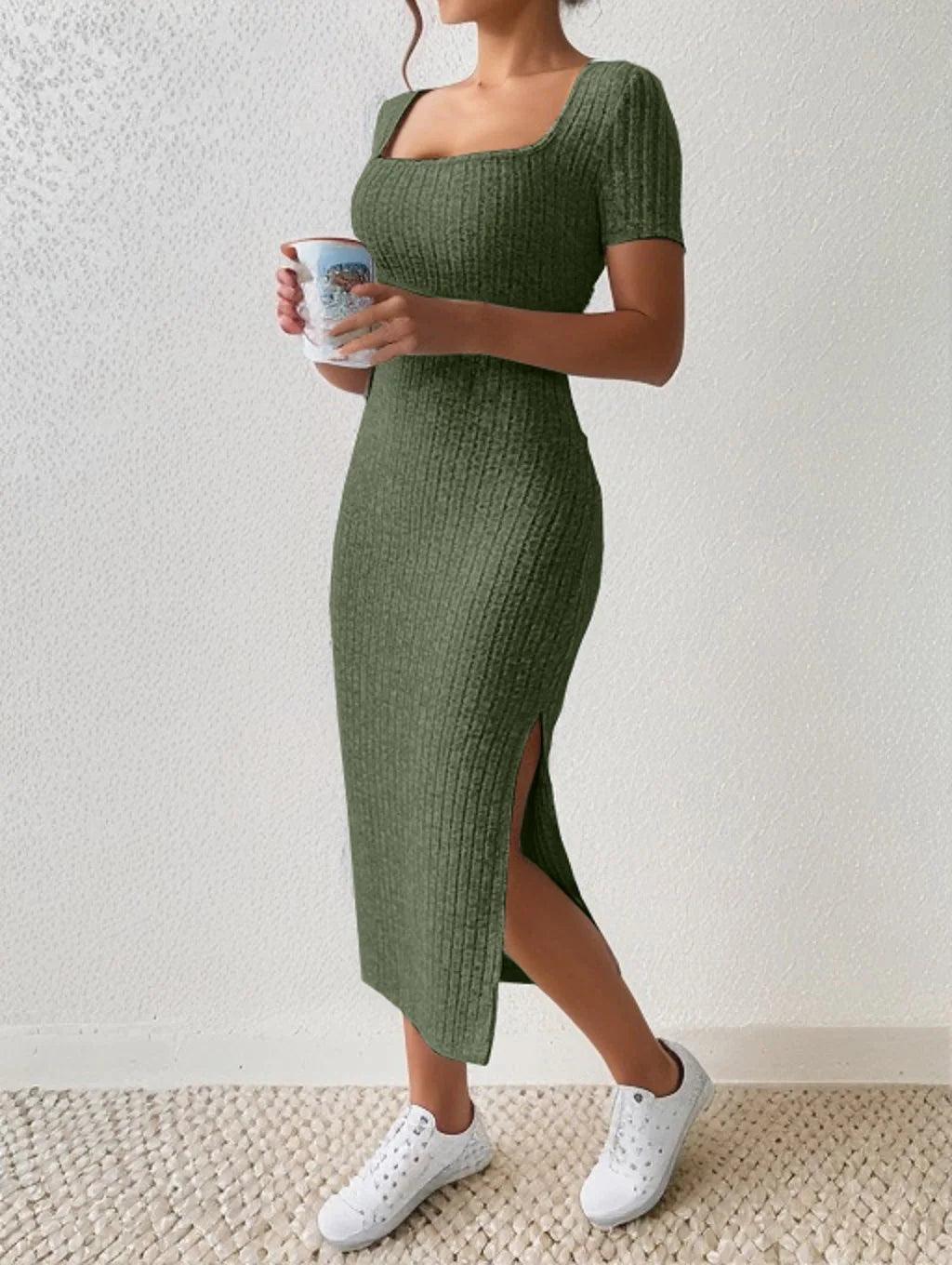 Summer Dresses for Women square neck hip-covering mid-length skirt short-sleeved versatile knitted slit dress-THAT FASHION STORE