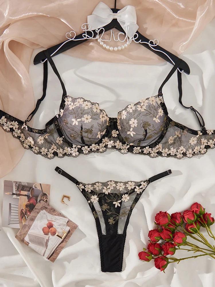 Floral Fancy Transparent Bra Set Romantic Lingerie Sexy Bilizna For Women Sex Set Tulle Erotic Lingerie See-Through Underwear-THAT FASHION STORE