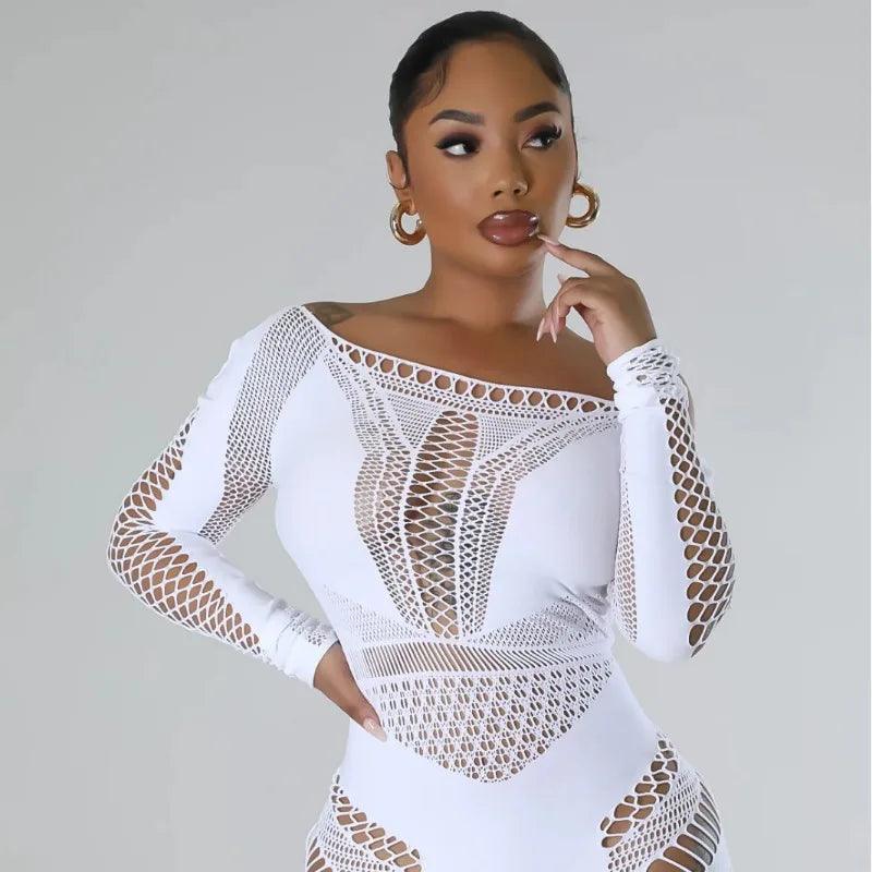 Sexy See Through Women Rompers Solid Long Sleeve Playsuits 2024 Summer Outfits Hollow Out Night Club Party One Piece Overalls-THAT FASHION STORE