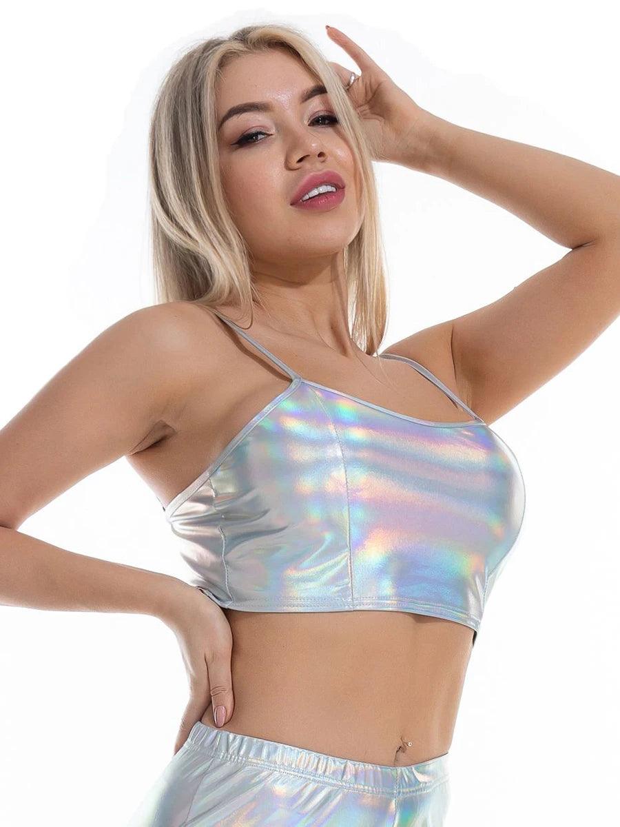 Sexy Reflective Bralette Crop Top Women Summer Holographic Cami Top Backless Adjustable Strap Tank Top Camis Clubwear-THAT FASHION STORE