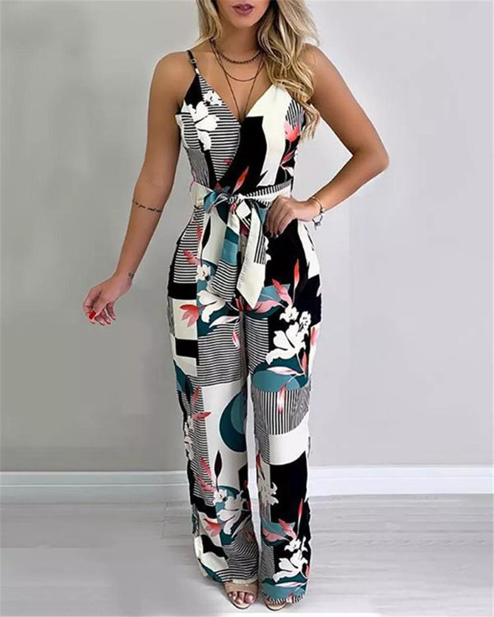 Women Wide Leg Long Pants Jumpsuit Floral Printed Sling V-Neck Low Chest Loose Romper Long Jumpsuit Back Zipper Up Summer-THAT FASHION STORE