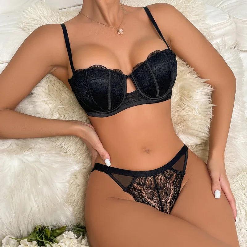 Sexy Lace Underwire Push Up Lingerie Contour bra and thong sets for women Gathering Chest Underwear Hollow Out 1/2 Cup Bralette-THAT FASHION STORE