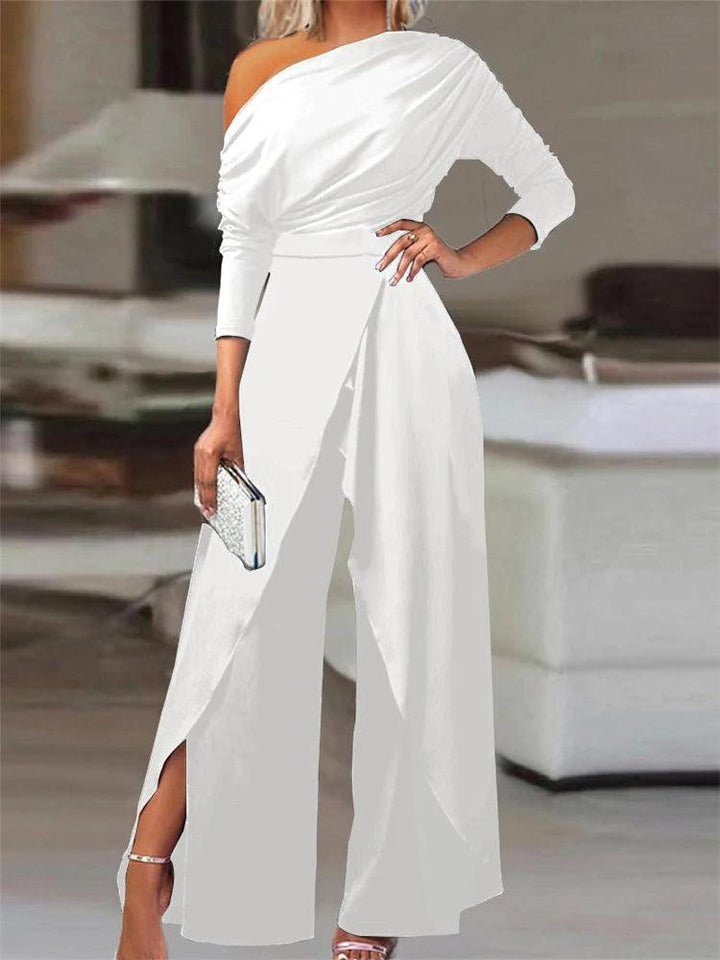 Elegant Jumpsuits for Women 2024 Spring New Plain Elegant Office Lady Loose Ruched Cold Shoulder Split Hem Wide Leg Jumpsuit-THAT FASHION STORE